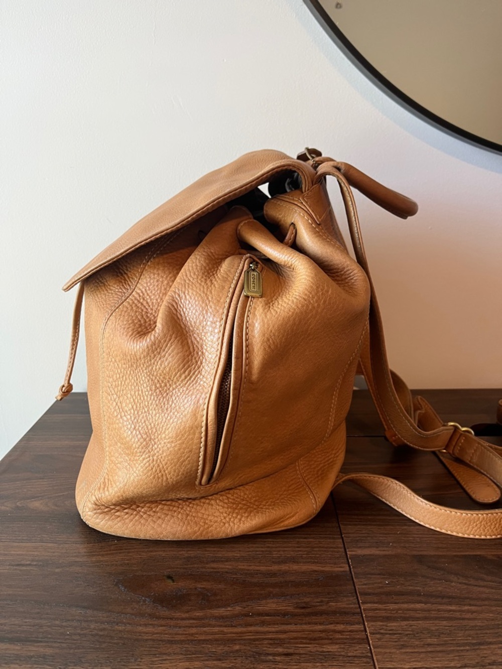 Vintage Coach Tan Large Leather Drawstring Backpack - Picture 3 of 9